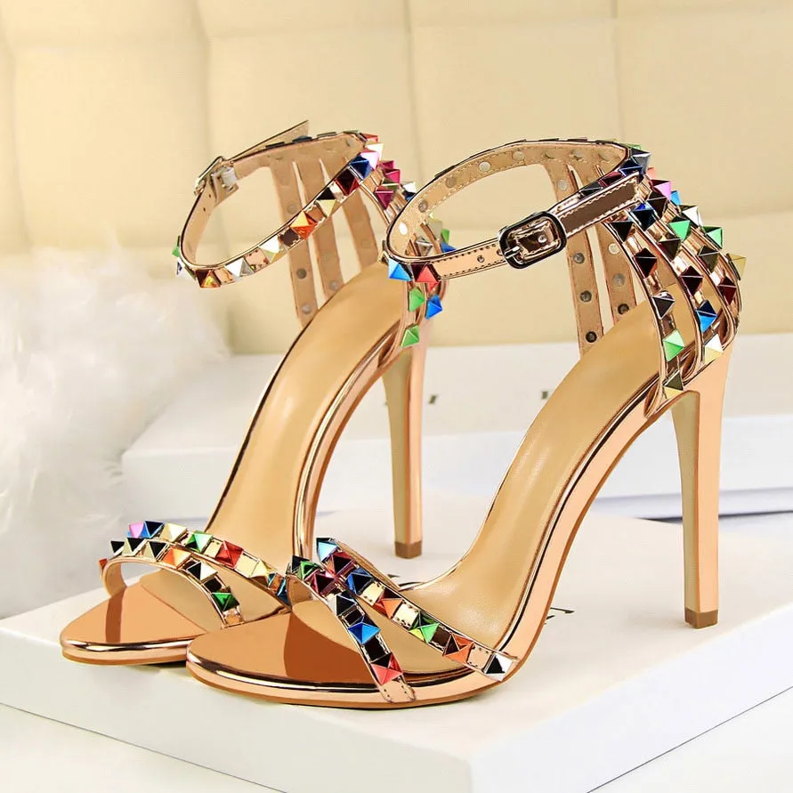 Amozae- 2024 Women 11cm High Heels Rivets Studded Sandals Lady Sandles Stiletto Gladiator Pumps Stripper Summer Fetish Platform Shoes