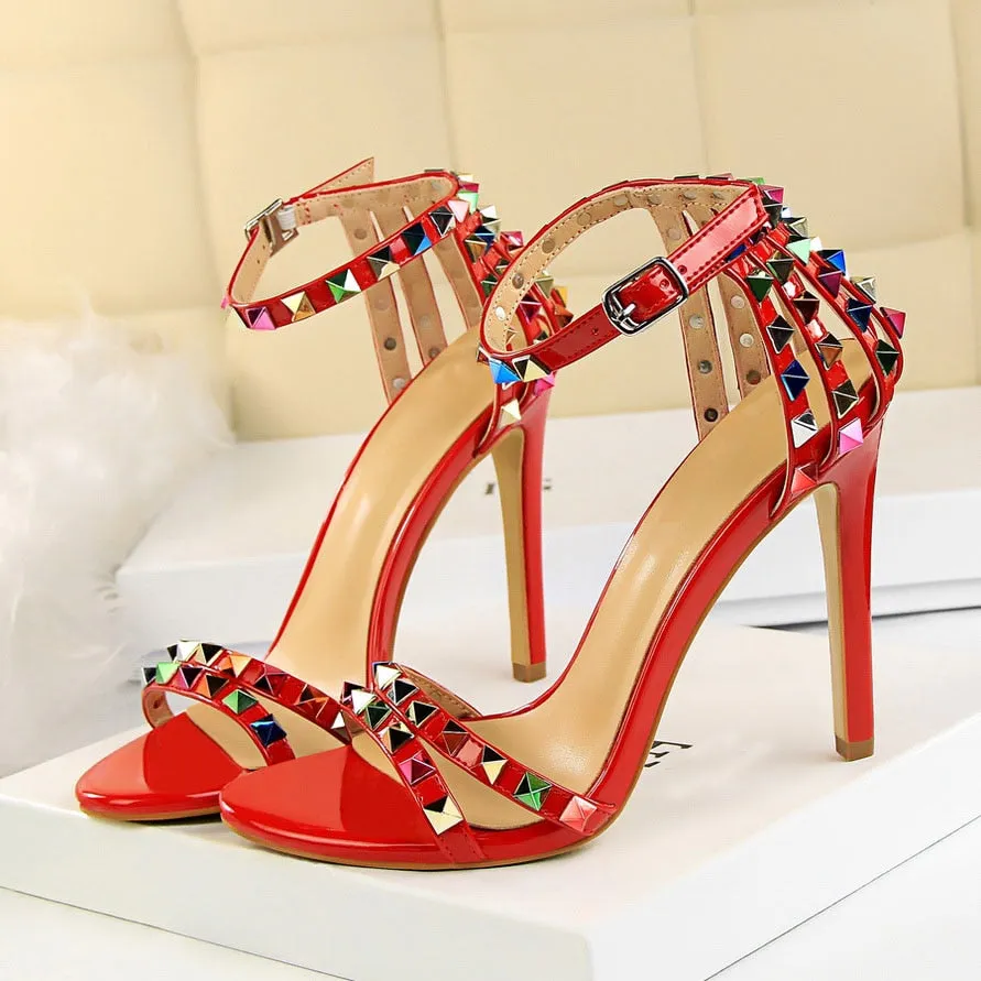 Amozae- 2024 Women 11cm High Heels Rivets Studded Sandals Lady Sandles Stiletto Gladiator Pumps Stripper Summer Fetish Platform Shoes