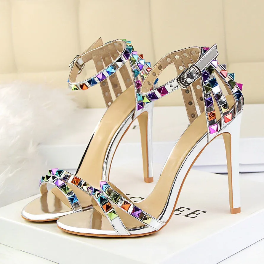 Amozae- 2024 Women 11cm High Heels Rivets Studded Sandals Lady Sandles Stiletto Gladiator Pumps Stripper Summer Fetish Platform Shoes