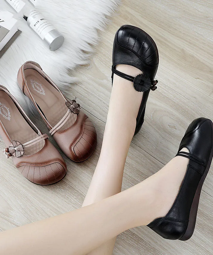 Apricot Flats Cowhide Leather Beautiful Buckle Strap Flat Shoes LC0509