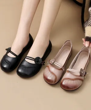 Apricot Flats Cowhide Leather Beautiful Buckle Strap Flat Shoes LC0509