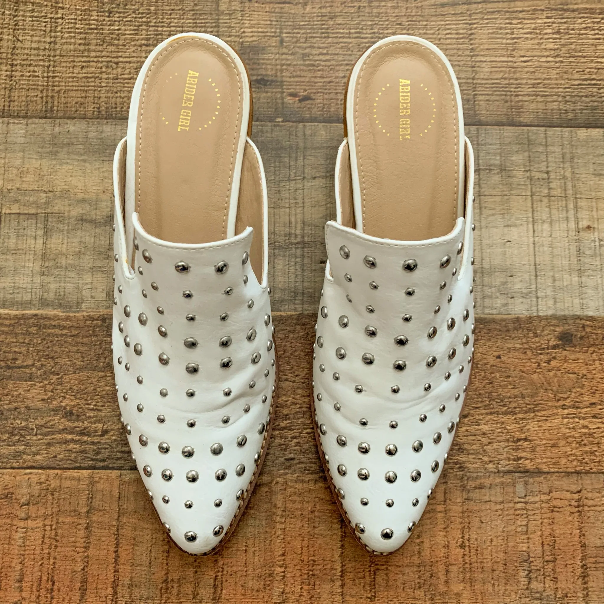 ARider Girl White Studded Heeled Mules- Size 8