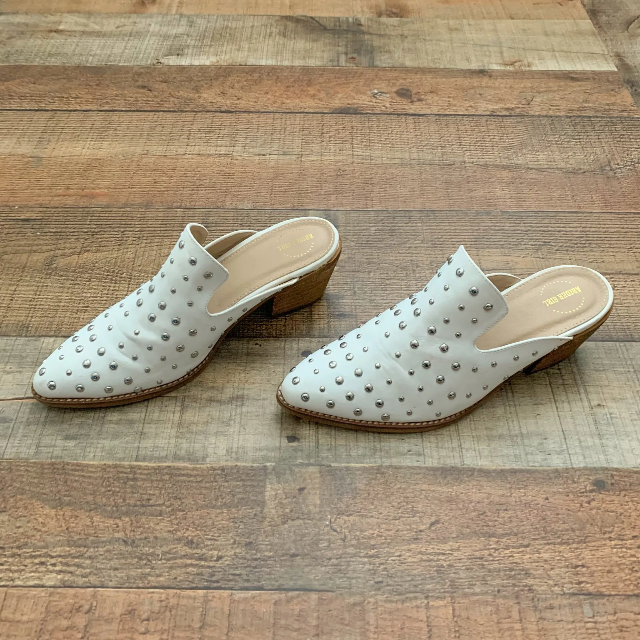 ARider Girl White Studded Heeled Mules- Size 8