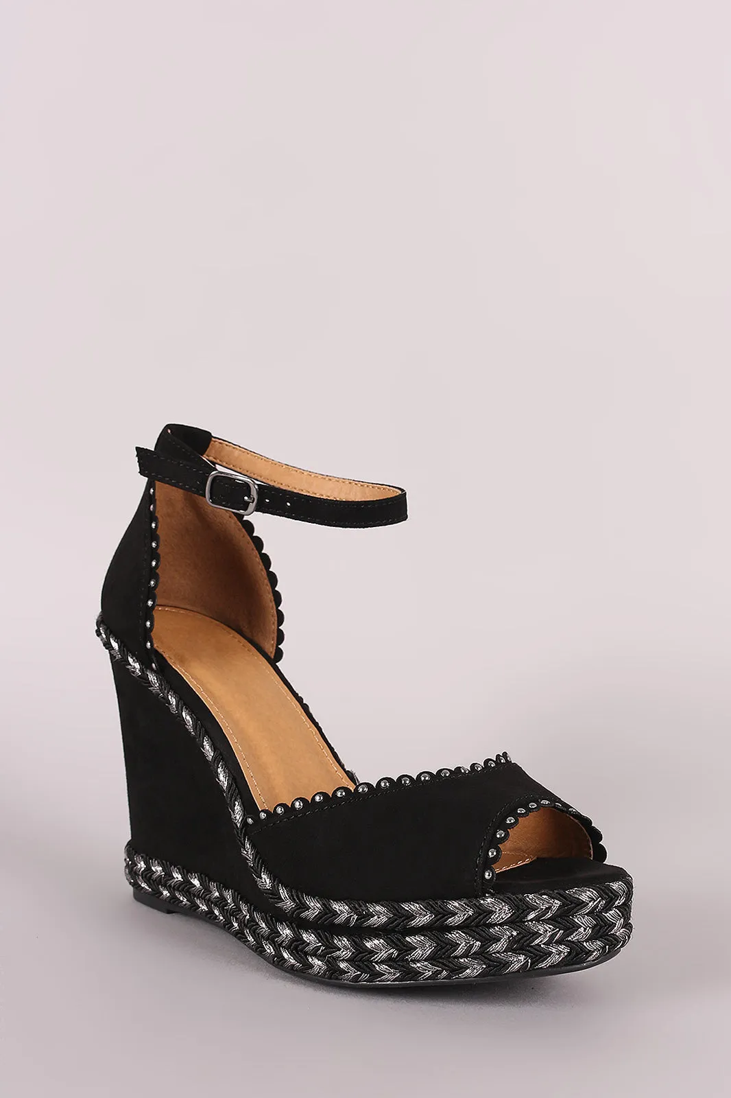 Bamboo Studded Scallop Ankle Strap Platform Wedge