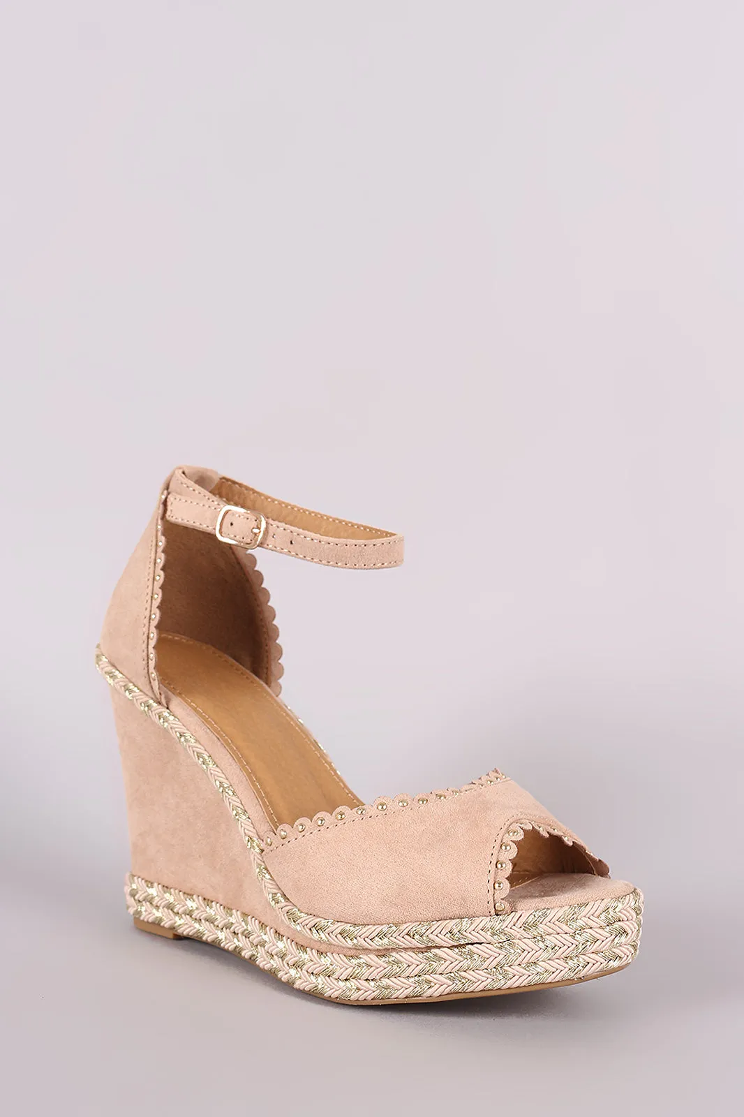 Bamboo Studded Scallop Ankle Strap Platform Wedge