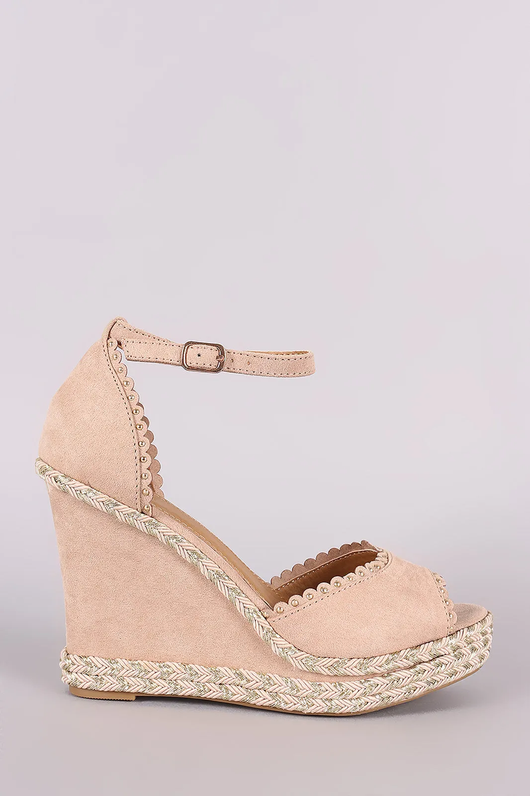 Bamboo Studded Scallop Ankle Strap Platform Wedge