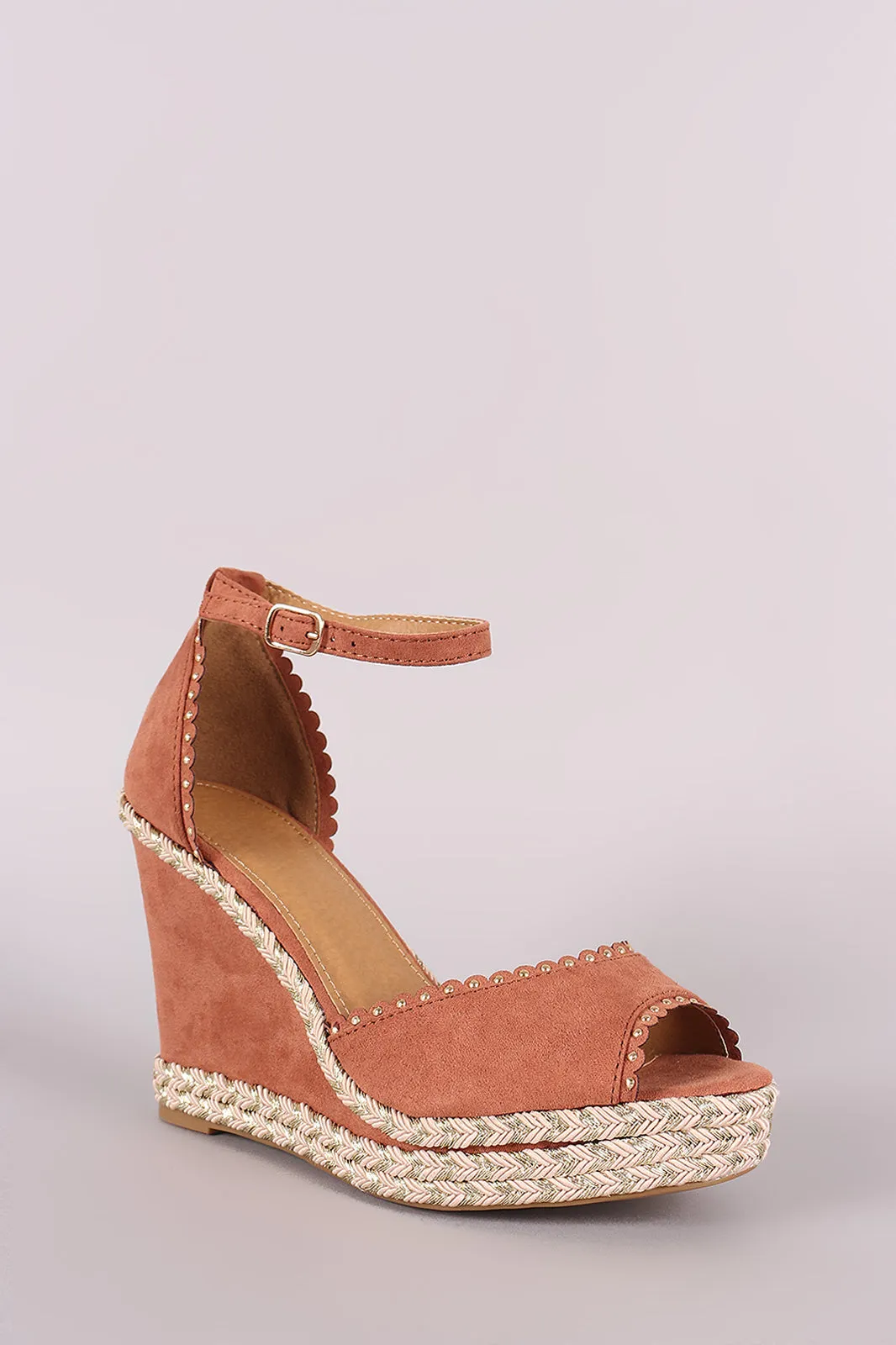 Bamboo Studded Scallop Ankle Strap Platform Wedge