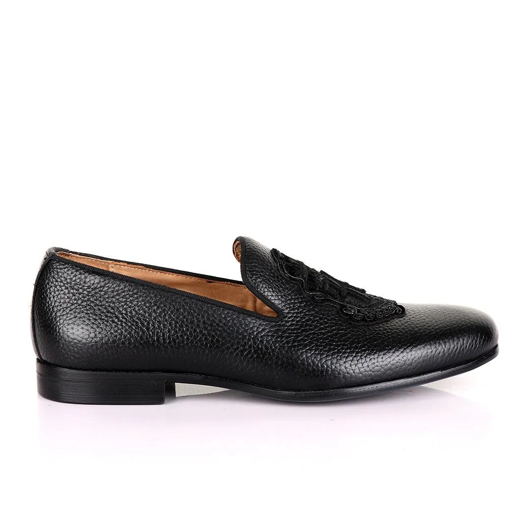 Billionaire Black Leather Loafers With Crested Logo-Black