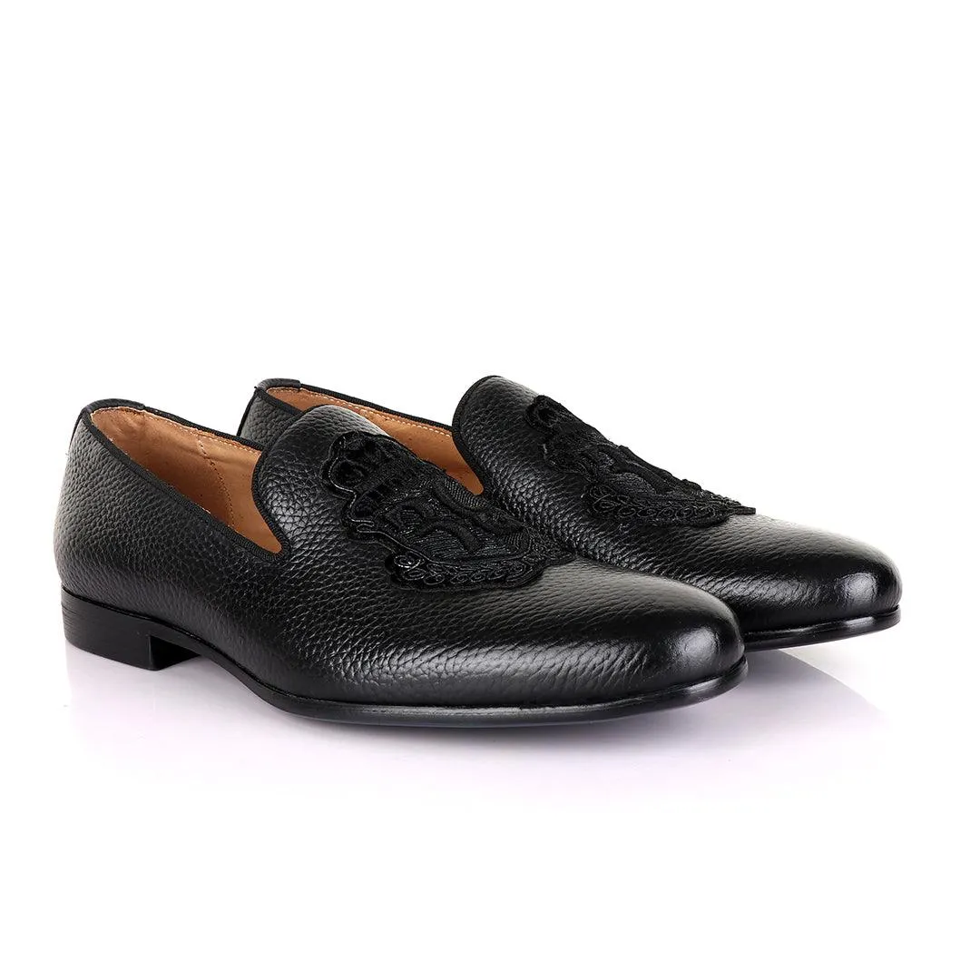 Billionaire Black Leather Loafers With Crested Logo-Black