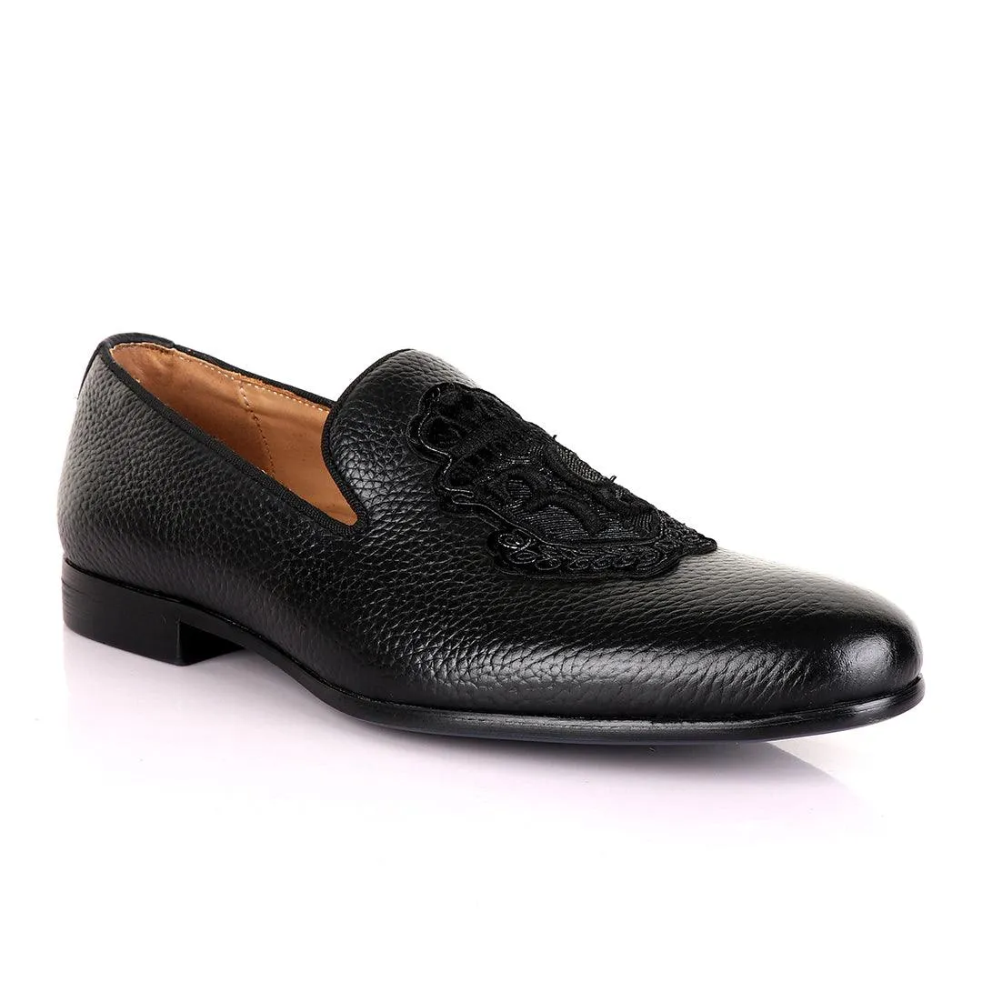 Billionaire Black Leather Loafers With Crested Logo-Black