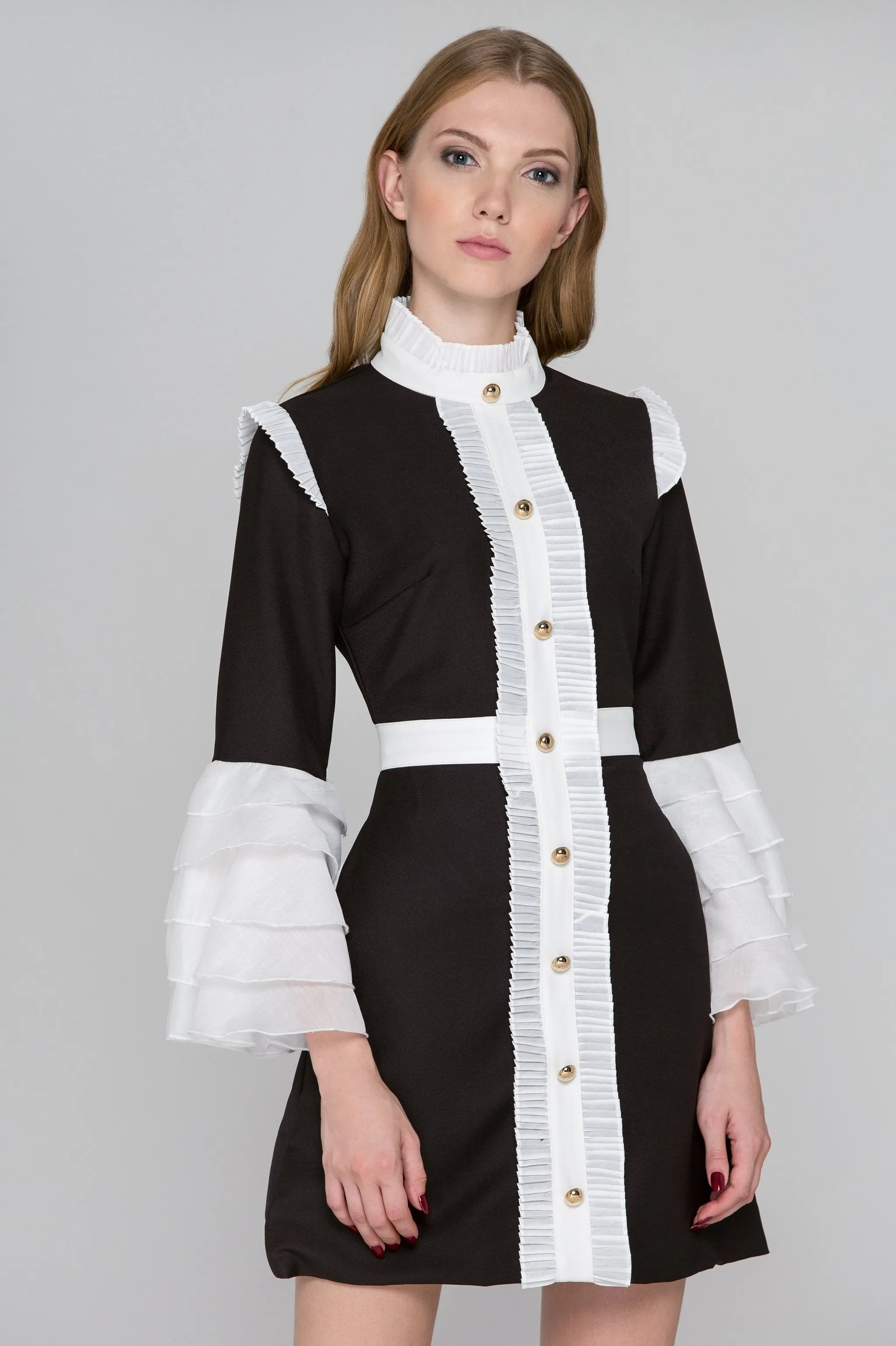 Black and White Pleated Ruffle Bell Sleeve Midi Dress