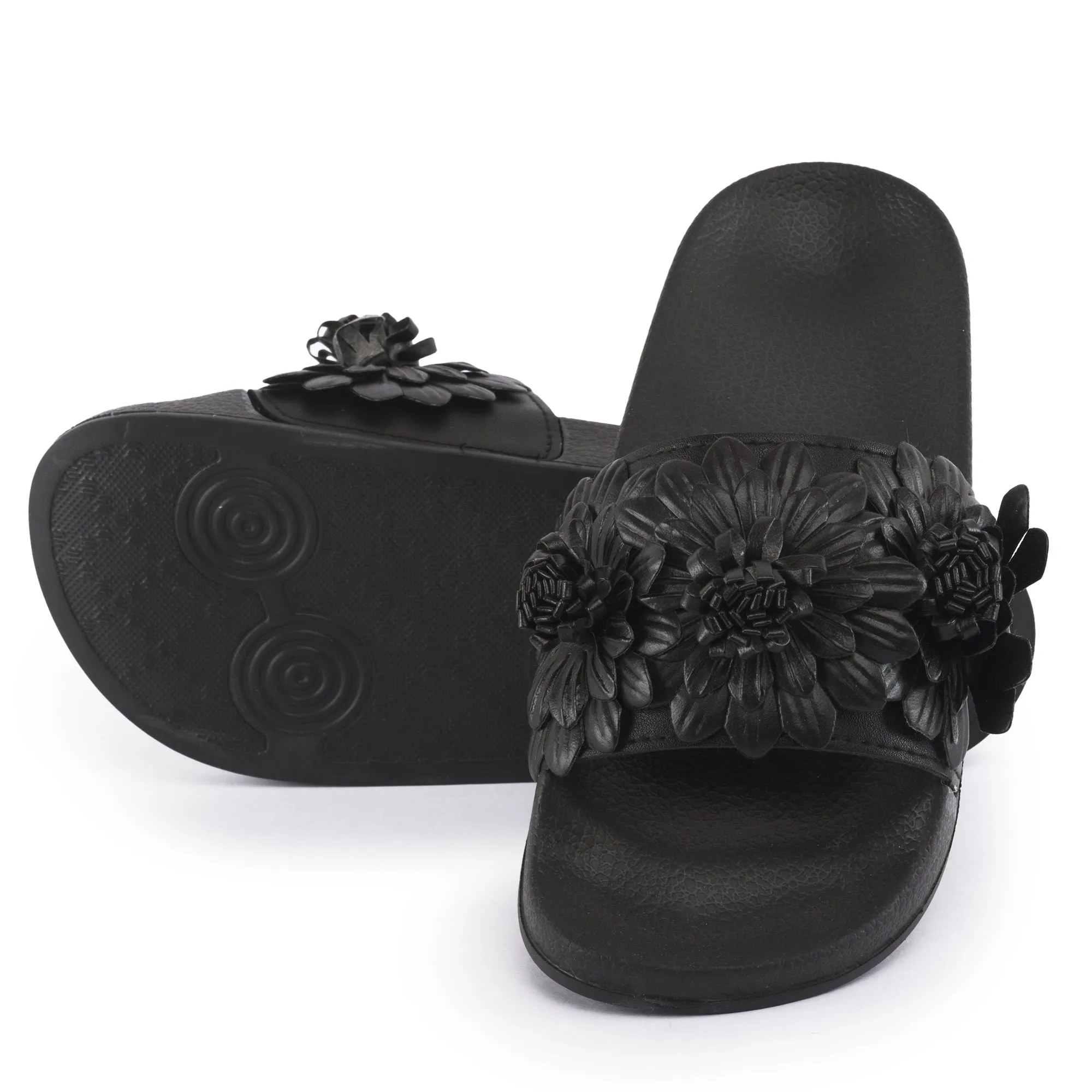 Black Flower Flat Sliders