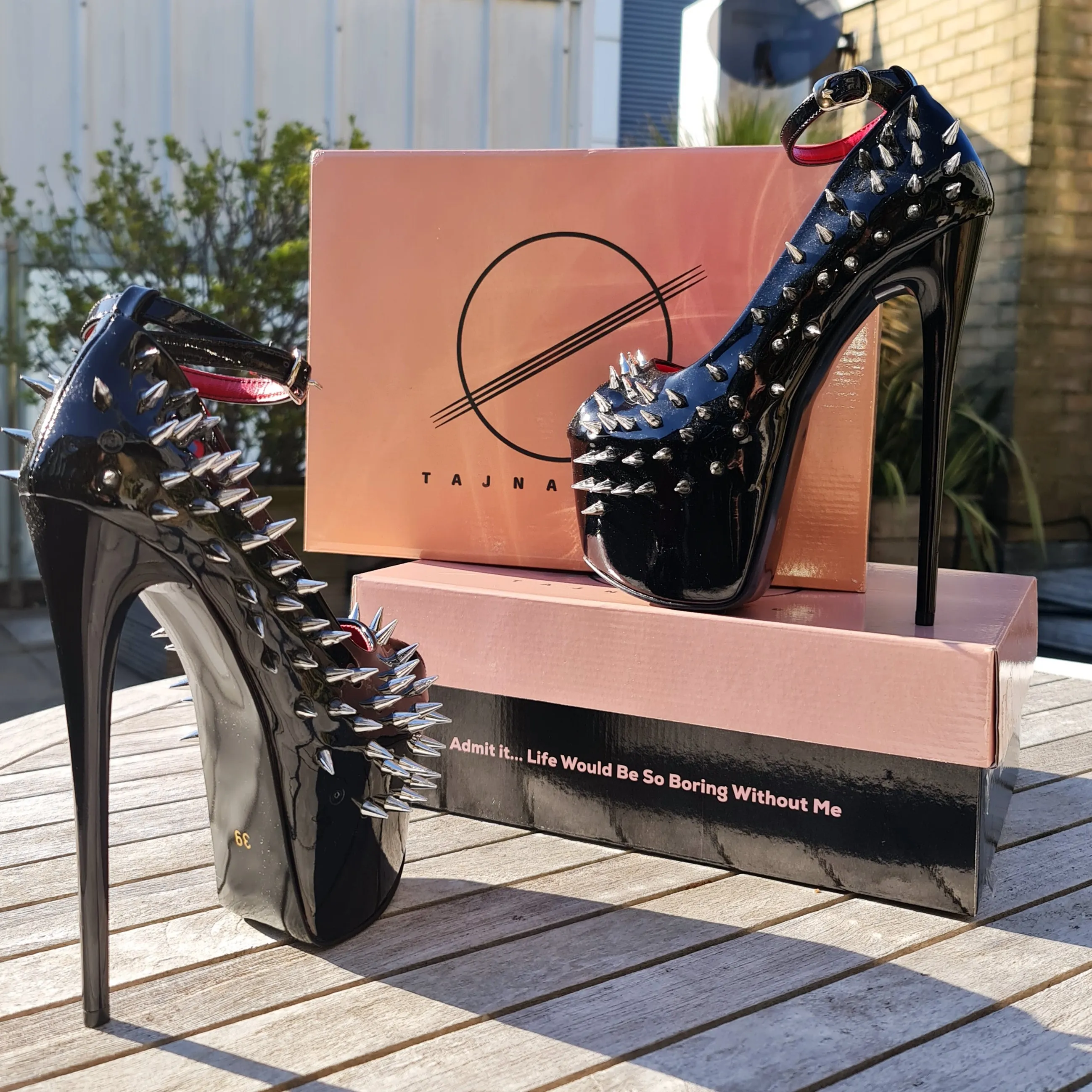 Black  Gloss Spike Studded Ankle Strap Heels