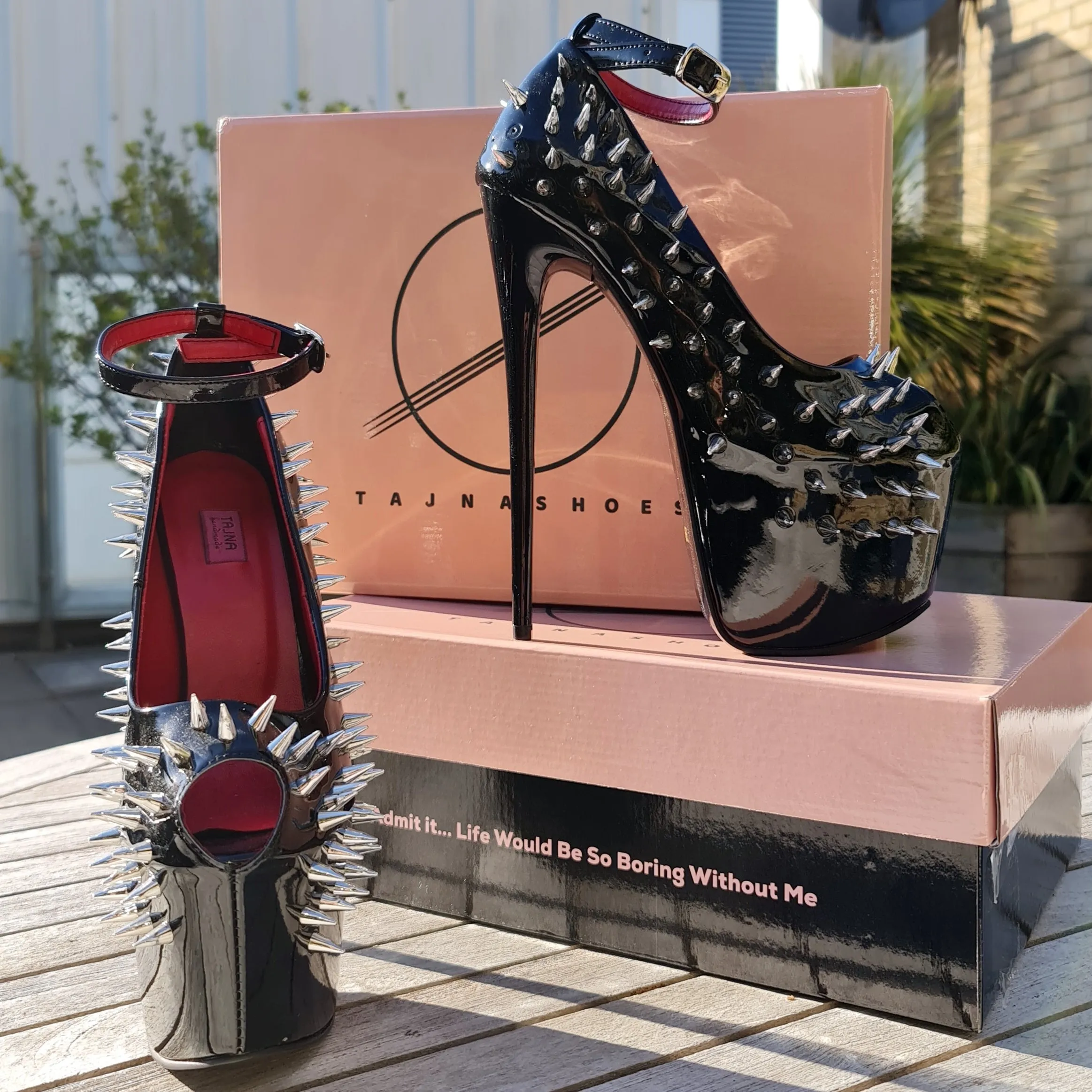 Black  Gloss Spike Studded Ankle Strap Heels