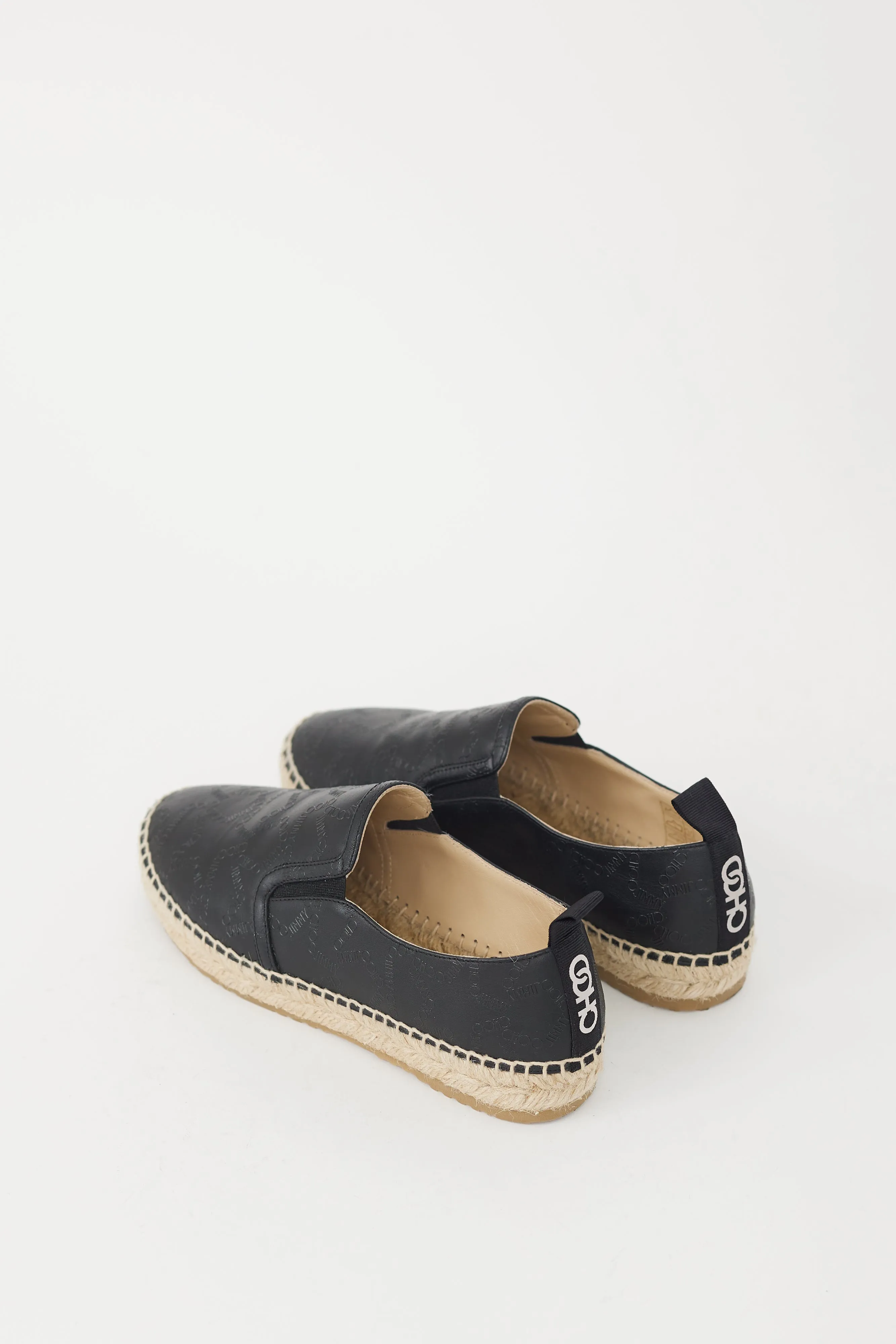 Black Leather Logo Lichi Espadrille Flat