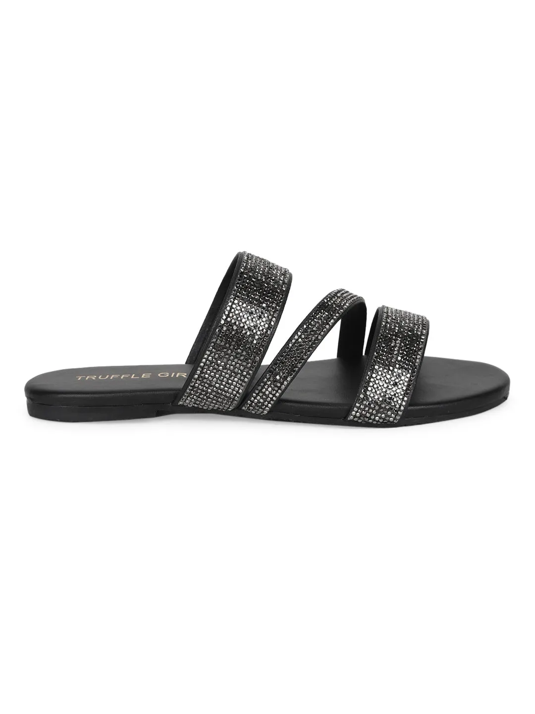 Black PU Strappy Diamante Slip Ons (TC-ST-1214-BLK)