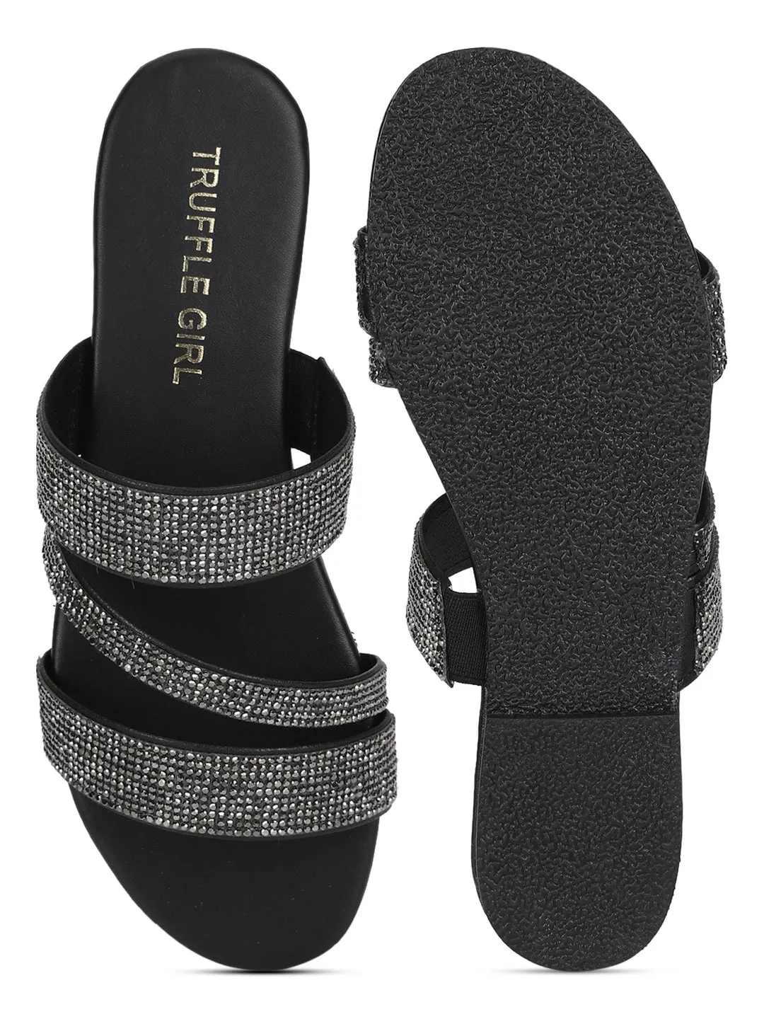 Black PU Strappy Diamante Slip Ons (TC-ST-1214-BLK)