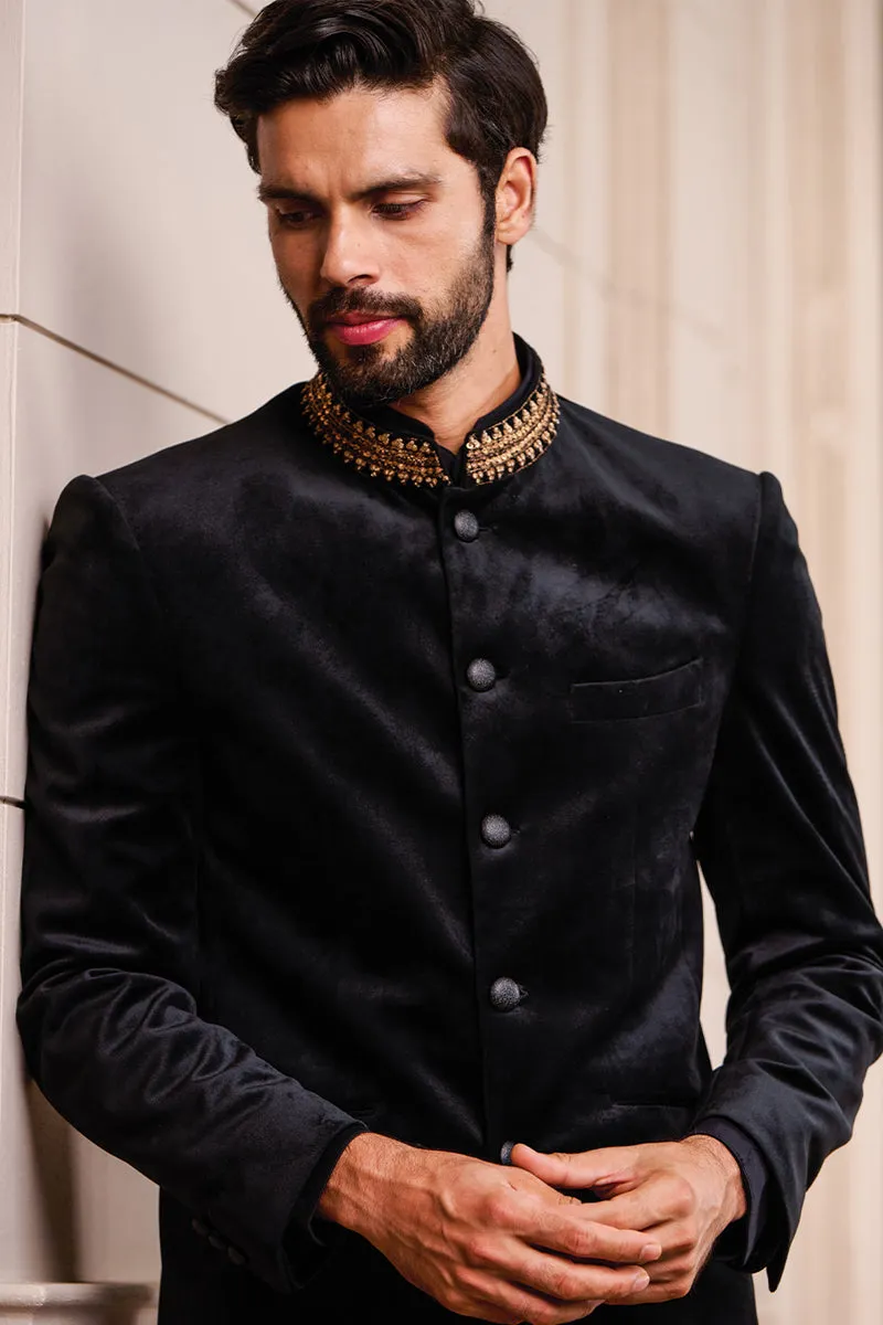 Black Velvet Bandhgala With Zardozi Embroidery