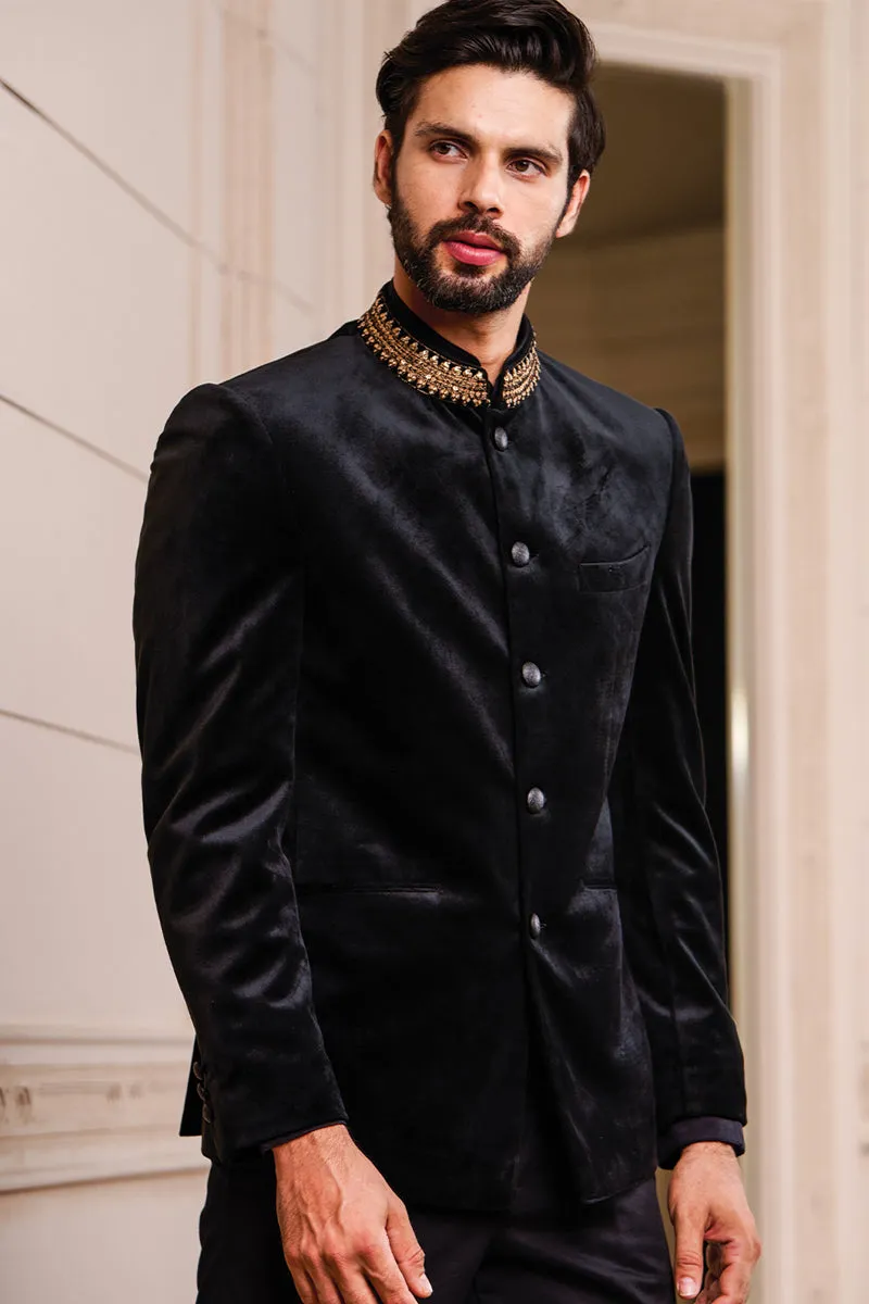 Black Velvet Bandhgala With Zardozi Embroidery