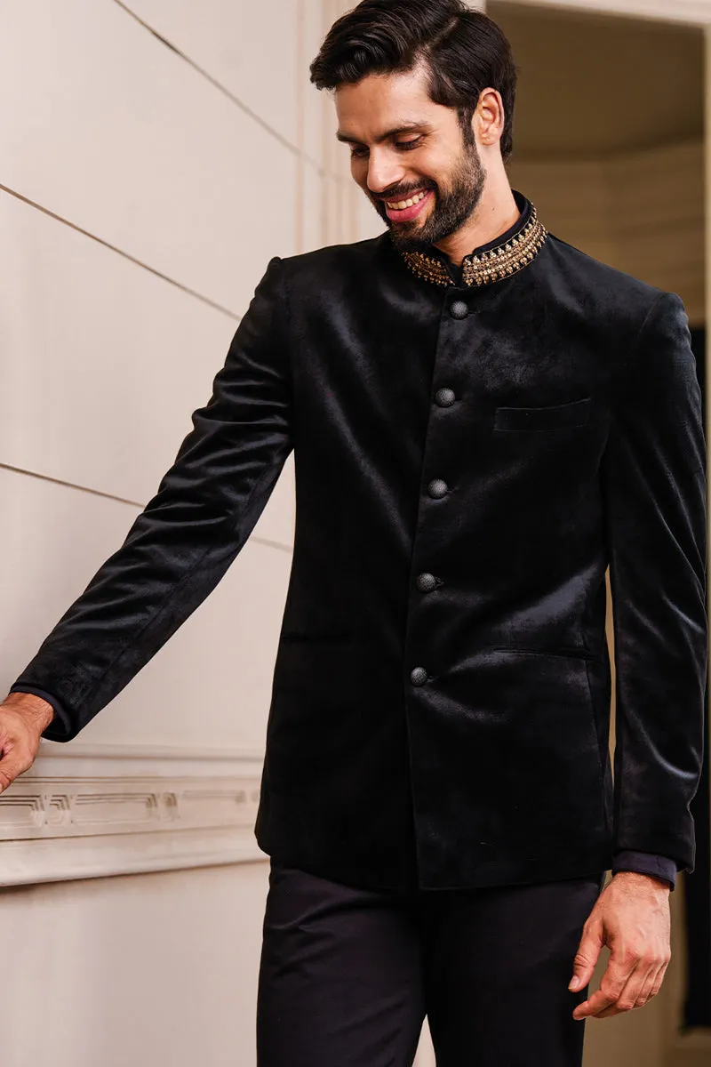 Black Velvet Bandhgala With Zardozi Embroidery