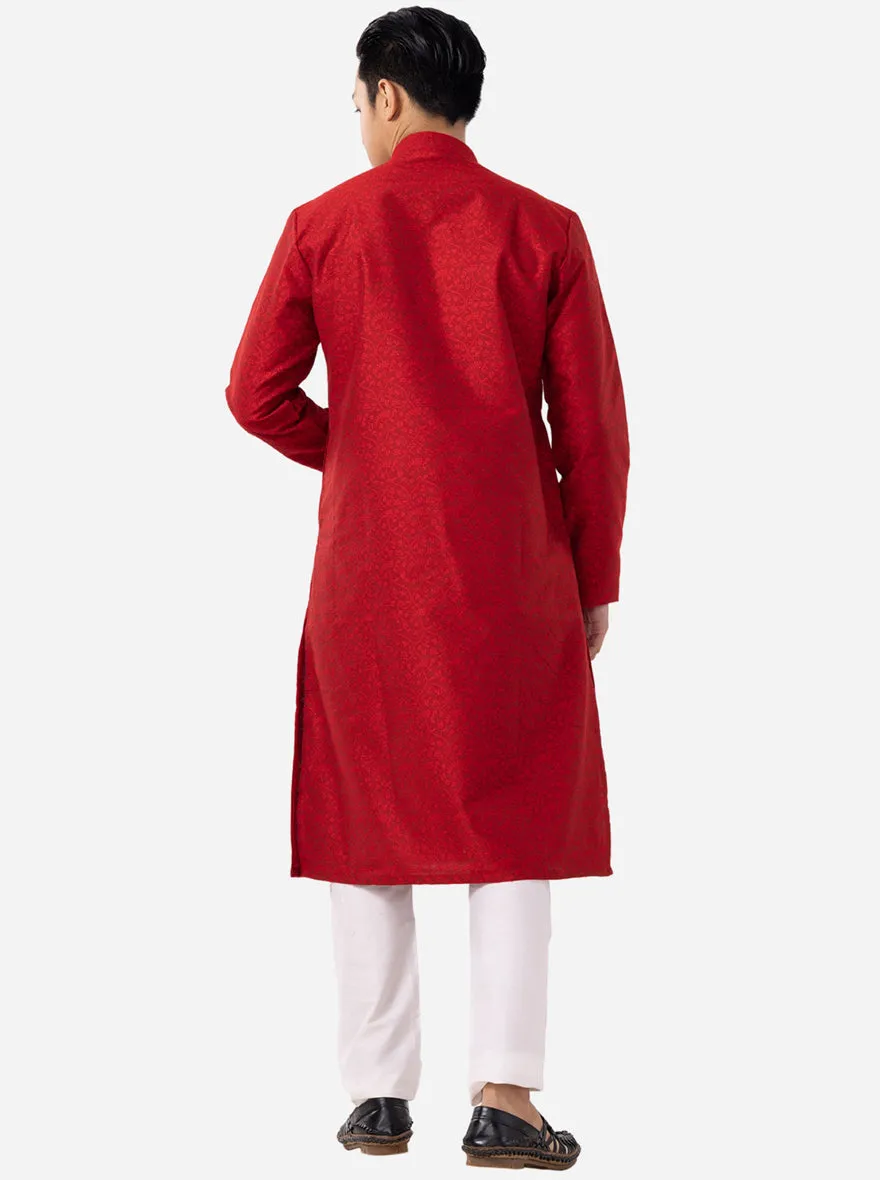 Blood Red Printed Cotton Blend Kurta for Men