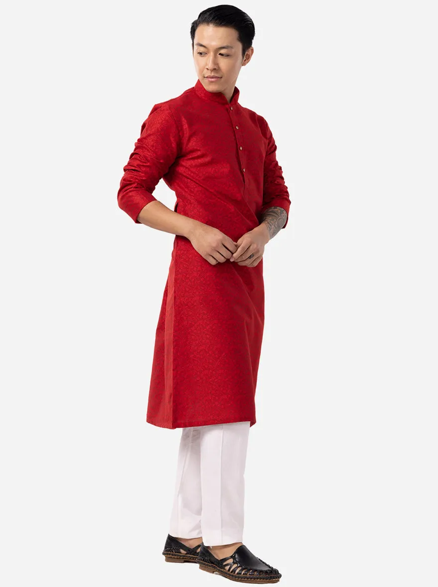 Blood Red Printed Cotton Blend Kurta for Men