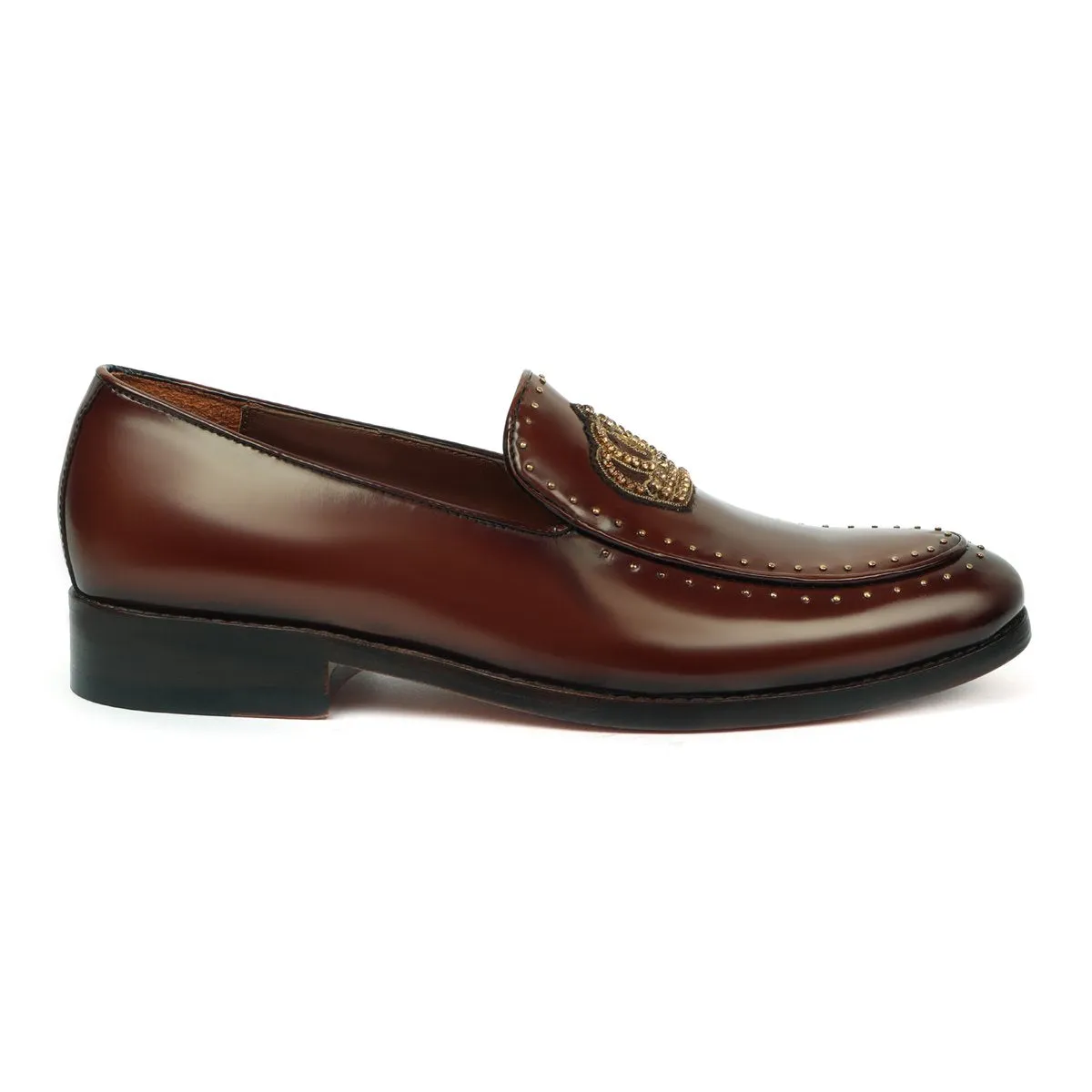 Brown Patent Leather Loafers with Studded Crown Zardosi