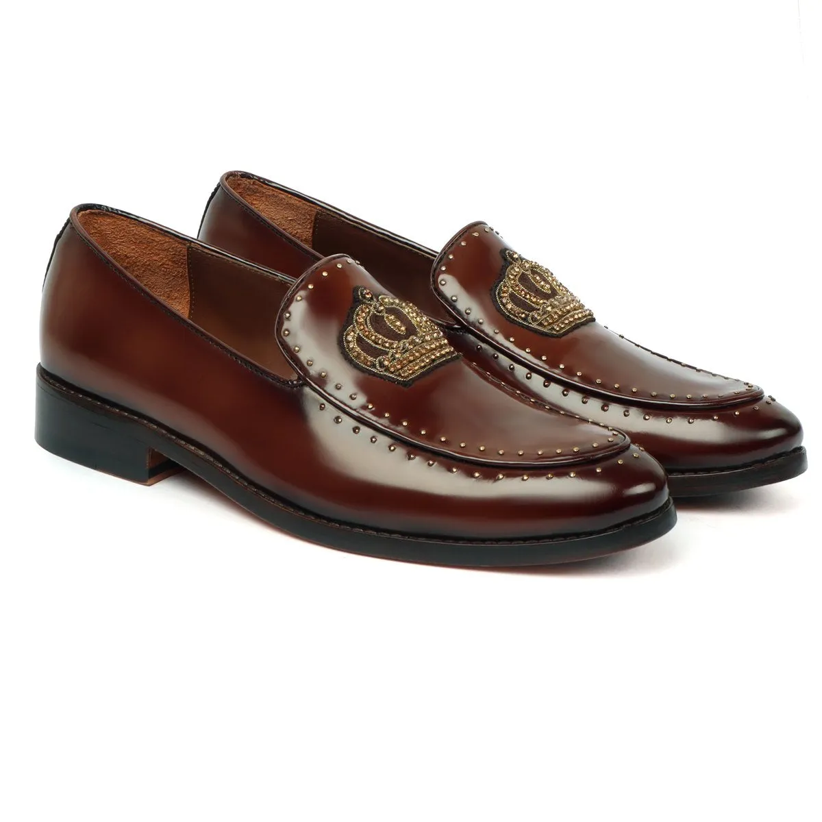 Brown Patent Leather Loafers with Studded Crown Zardosi