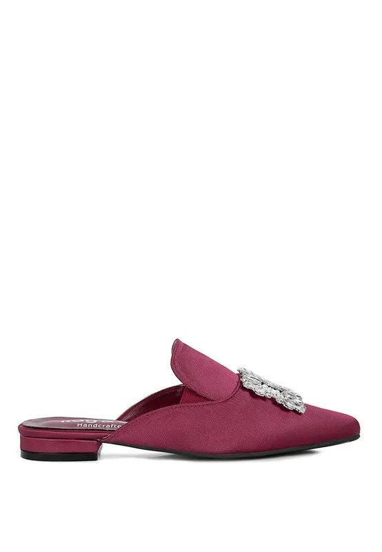 Burgundy Perrine Diamante Jewel Satin Mules In Black