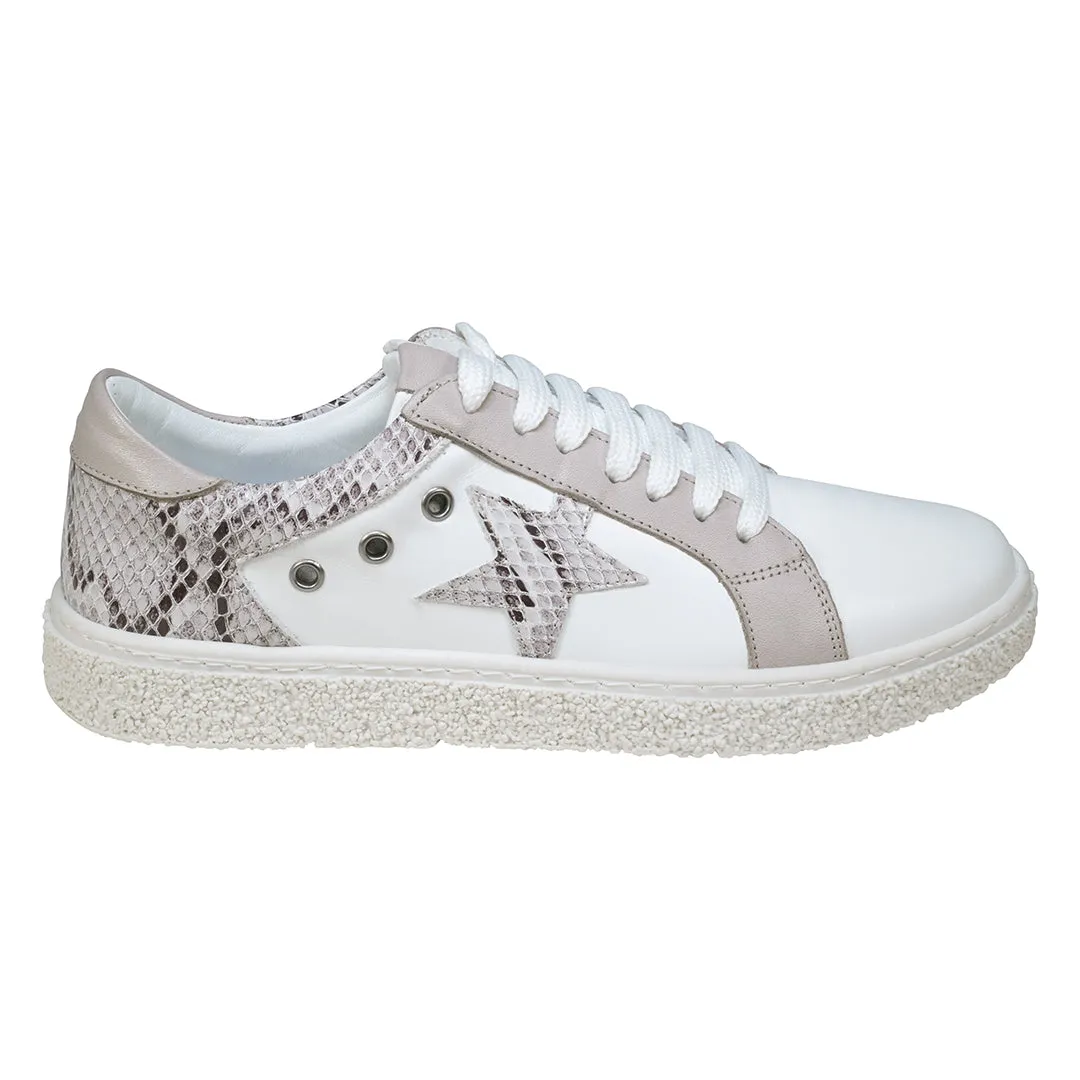 Charlee White Snake Skin Two-Tone Star Motif Lace Up Sneakers