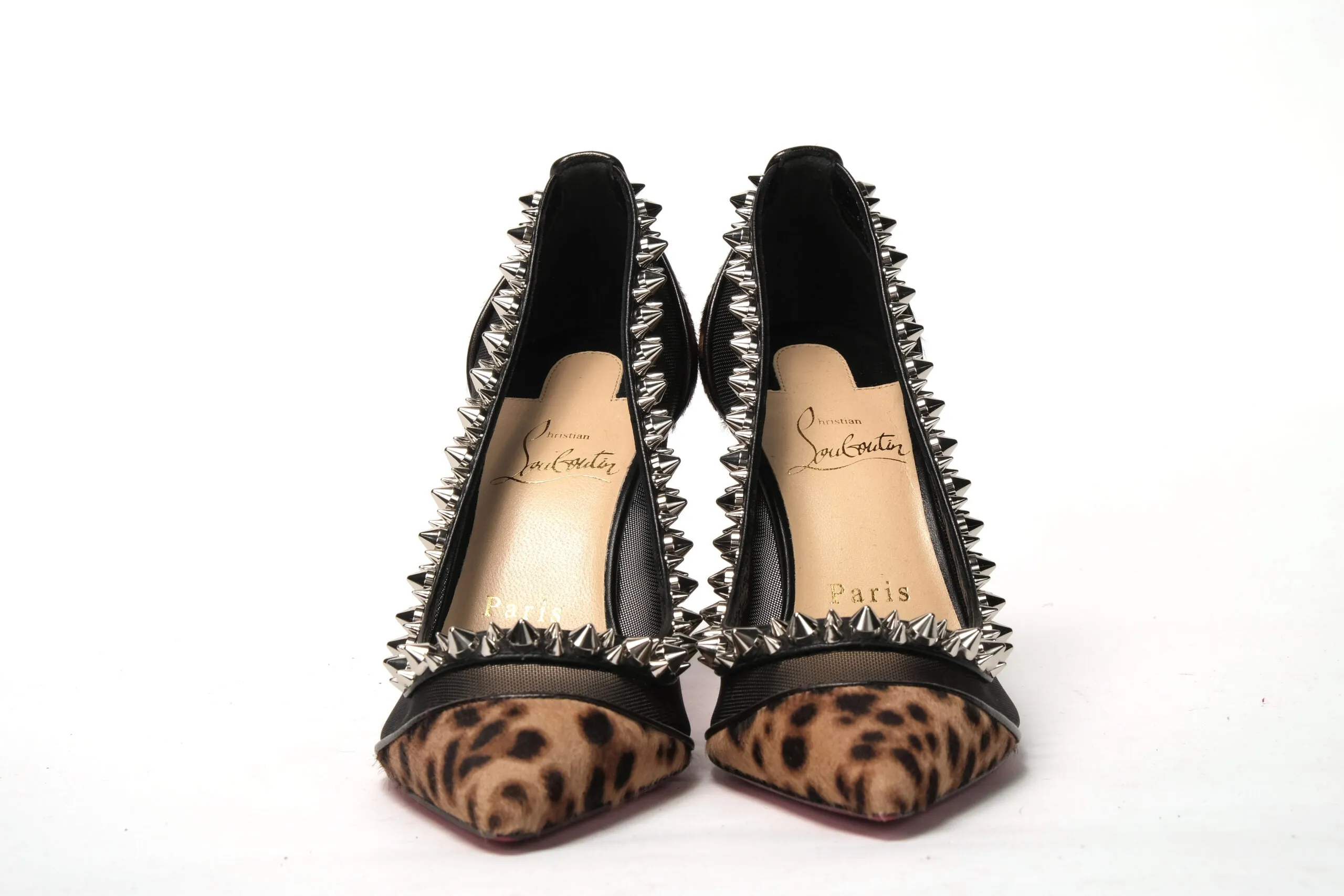 Christian Louboutin Brown Silver Leopard  Nappa And Mesh Studded High Heels Pumps