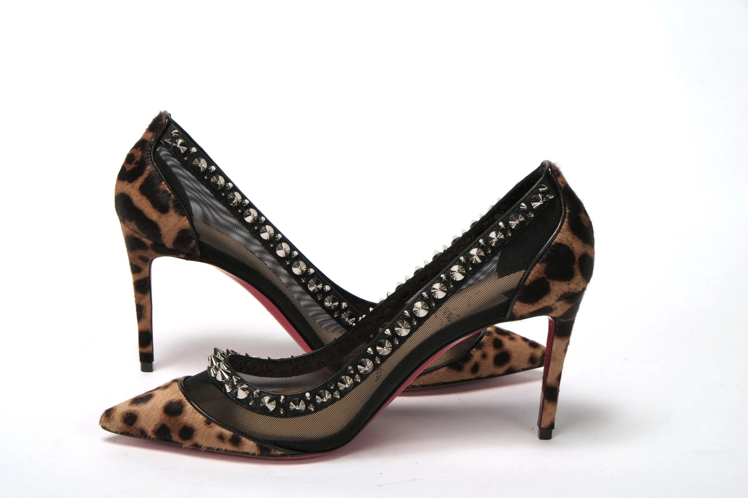 Christian Louboutin Brown Silver Leopard  Nappa And Mesh Studded High Heels Pumps