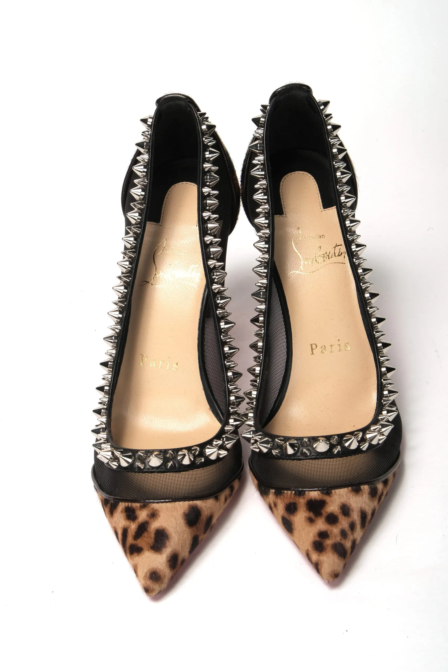 Christian Louboutin Brown Silver Leopard  Nappa And Mesh Studded High Heels Pumps