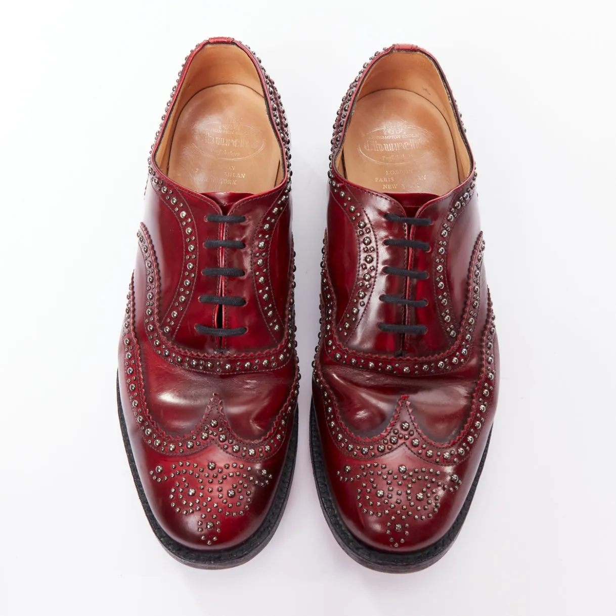 CHURCH'S burgundy red leather silver studded lace up brogue shoes UK9 EU43