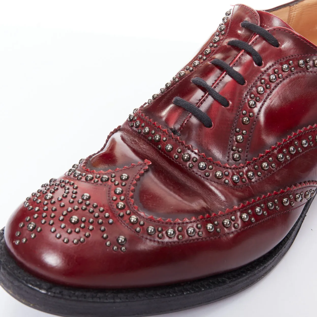 CHURCH'S burgundy red leather silver studded lace up brogue shoes UK9 EU43