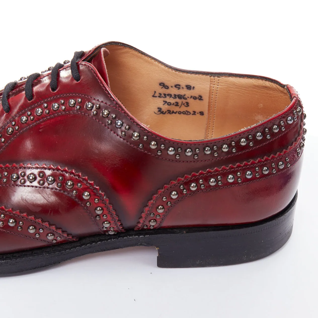 CHURCH'S burgundy red leather silver studded lace up brogue shoes UK9 EU43