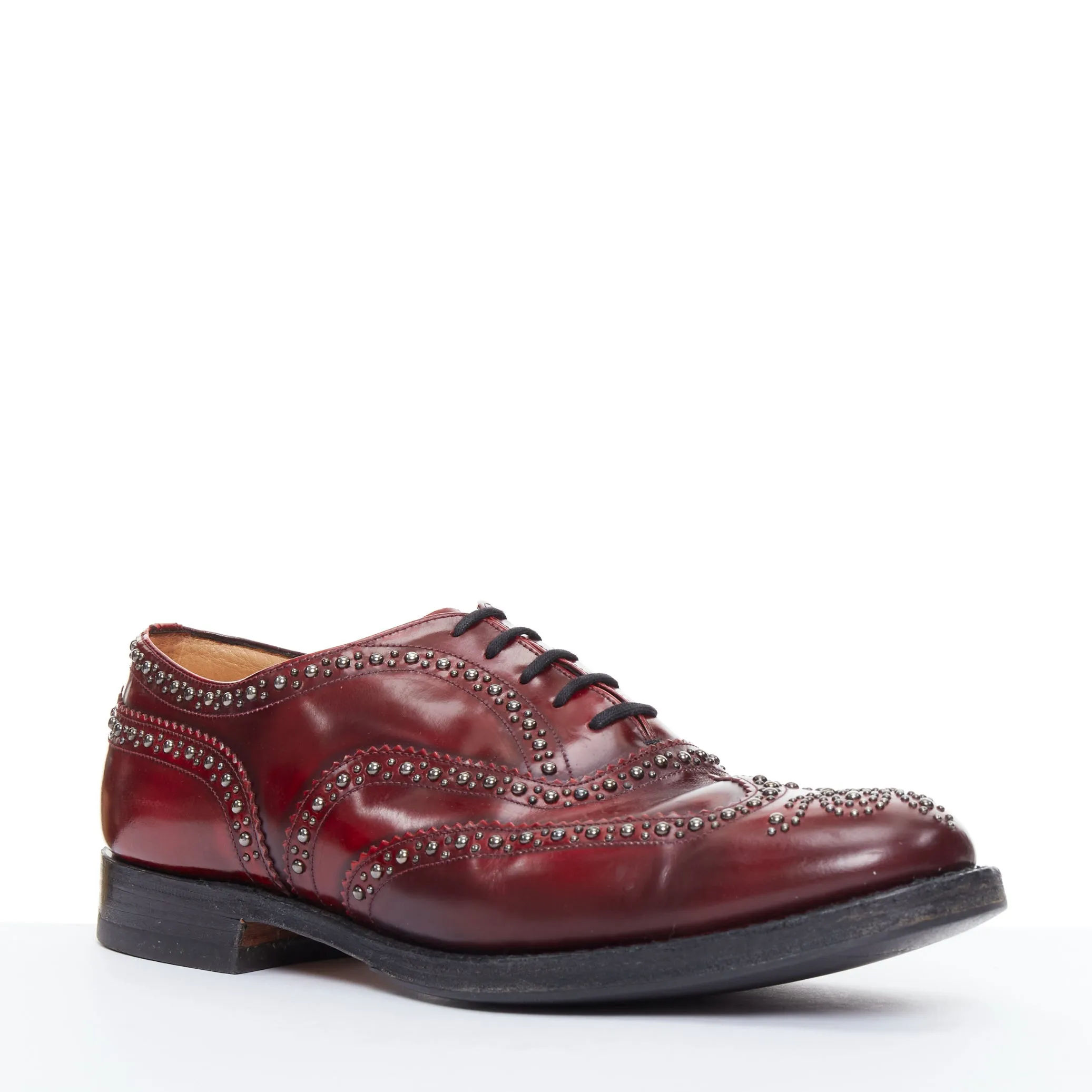 CHURCH'S burgundy red leather silver studded lace up brogue shoes UK9 EU43