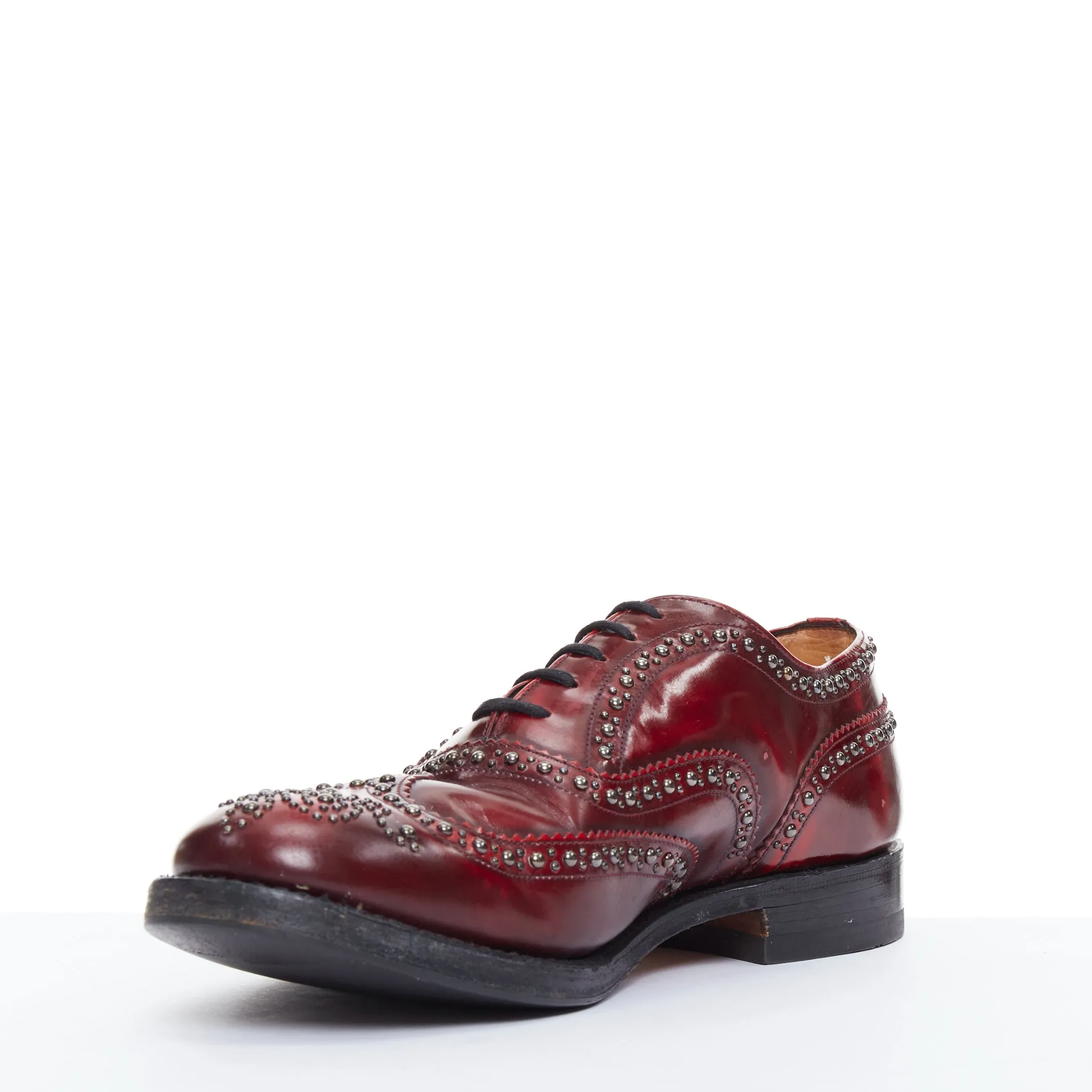 CHURCH'S burgundy red leather silver studded lace up brogue shoes UK9 EU43