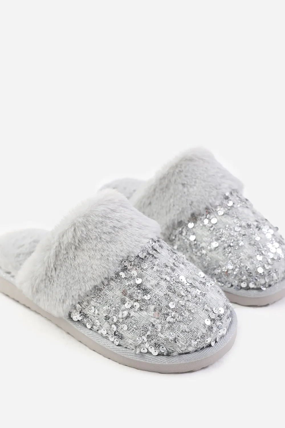 COZY SLIP ON SEQUIN SLIPPERS WITH FUR TRIM IN GREY