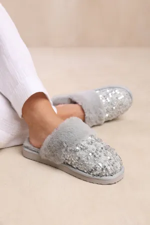 COZY SLIP ON SEQUIN SLIPPERS WITH FUR TRIM IN GREY