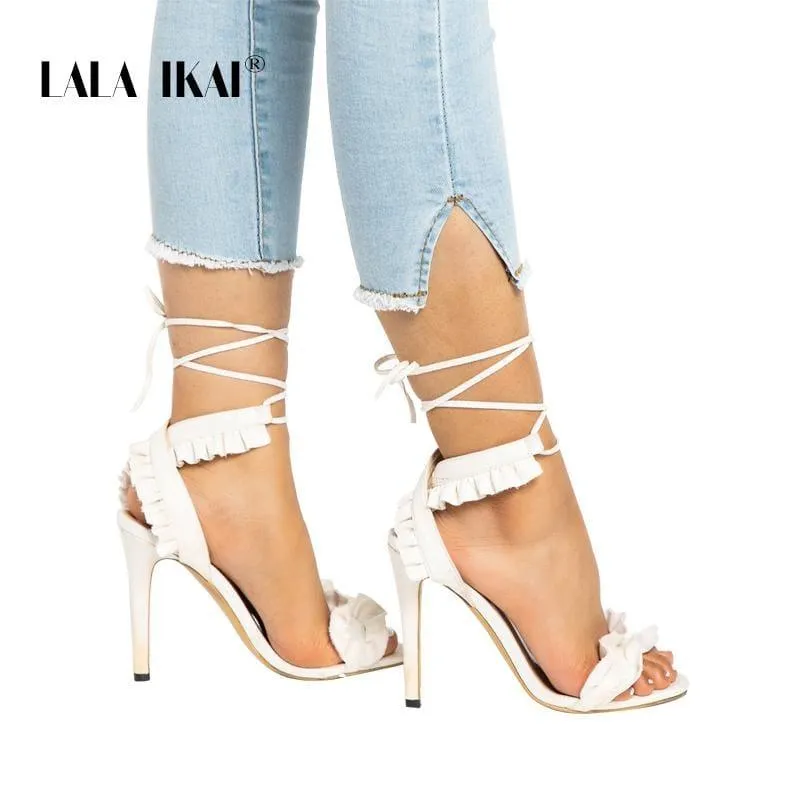 Cross Bandage High Heels Thin Heel Ruffle Lace-Up  Sandals