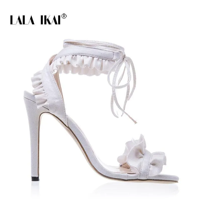 Cross Bandage High Heels Thin Heel Ruffle Lace-Up  Sandals