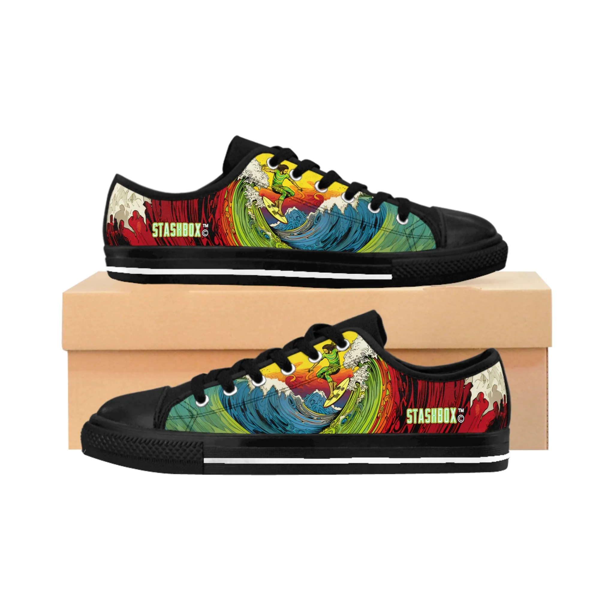 Custom Men's Sneakers Surfing Wave Green Yellow Red Surfboard 002