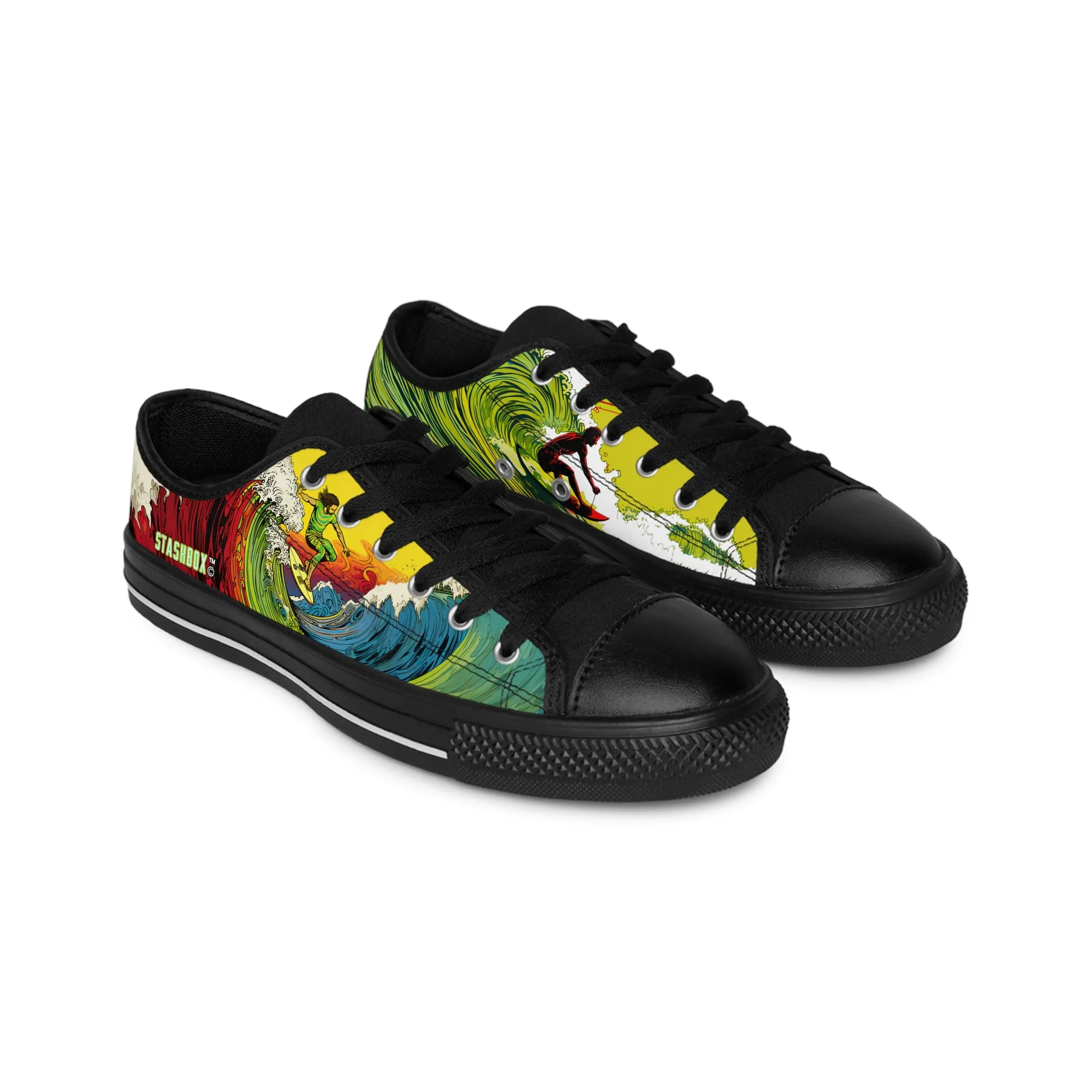 Custom Men's Sneakers Surfing Wave Green Yellow Red Surfboard 002