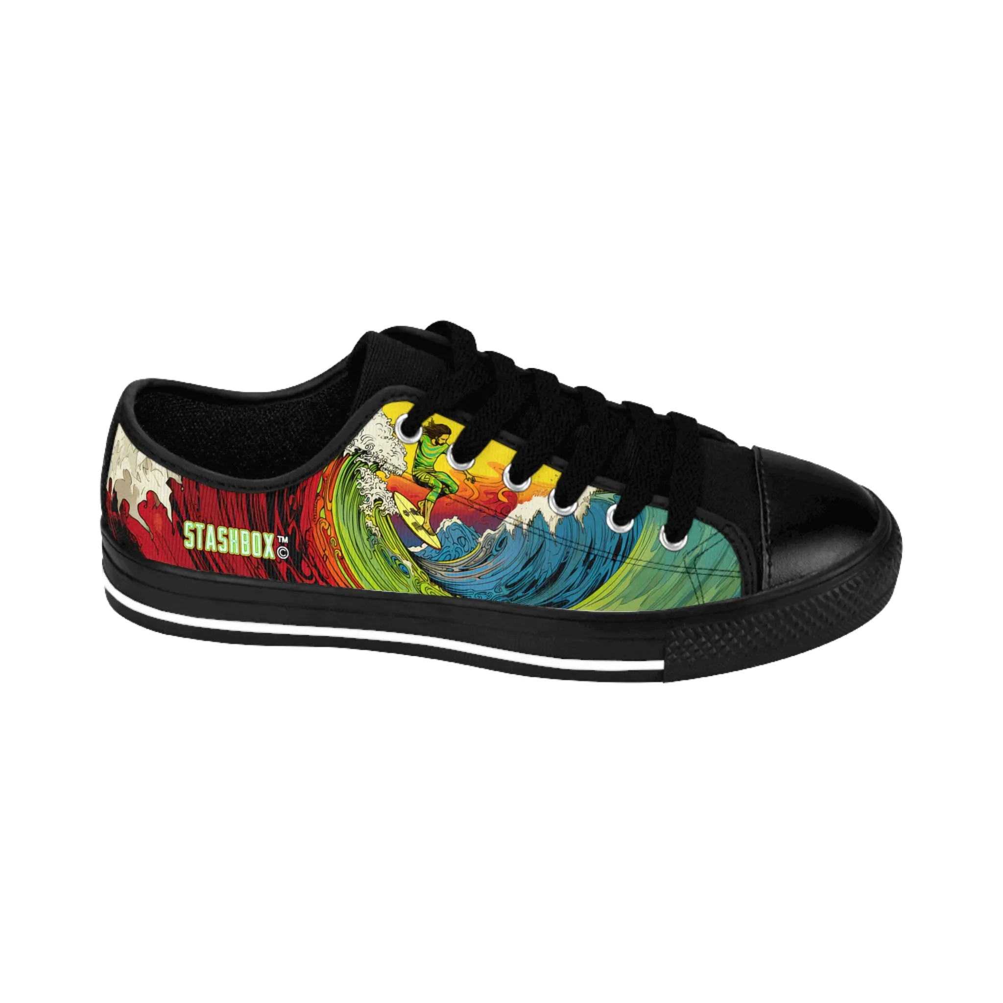 Custom Men's Sneakers Surfing Wave Green Yellow Red Surfboard 002