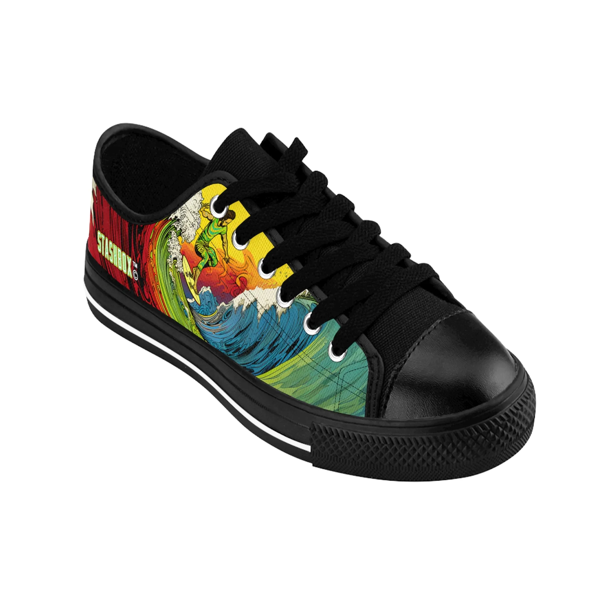 Custom Men's Sneakers Surfing Wave Green Yellow Red Surfboard 002