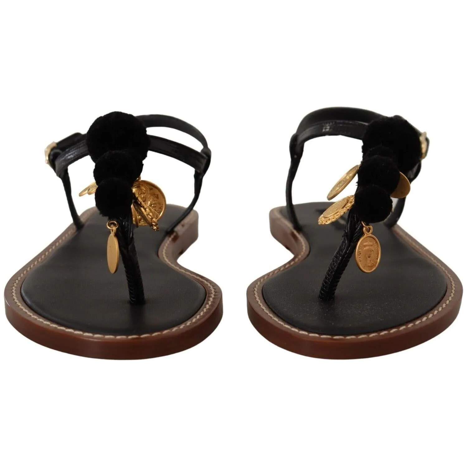 Dolce & Gabbana Chic Leather Ankle Strap Flats with Gold Detailing