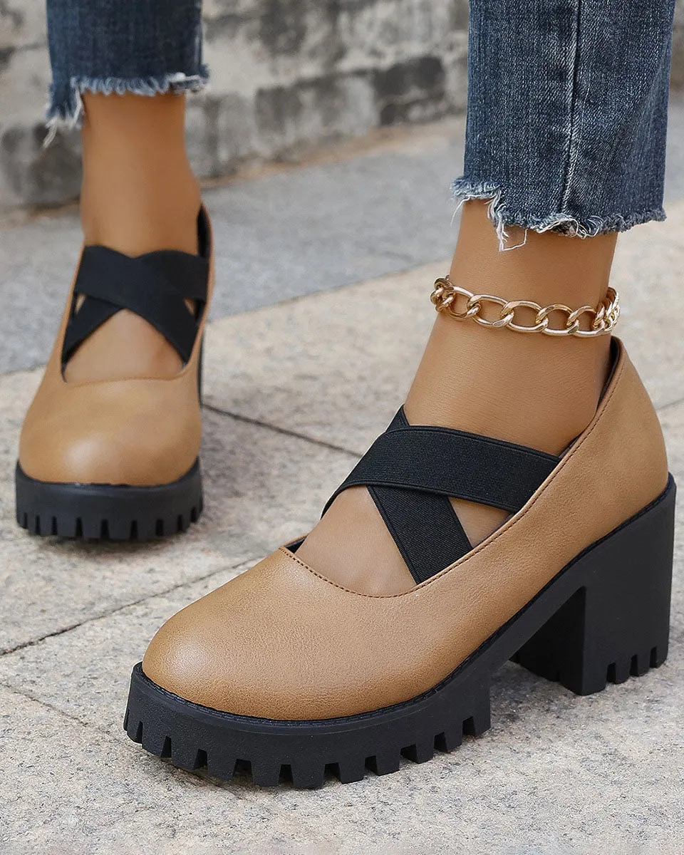 elveswallet Cross Elastic Strap Square-toe Chunky Heel Mary Jane Sandals