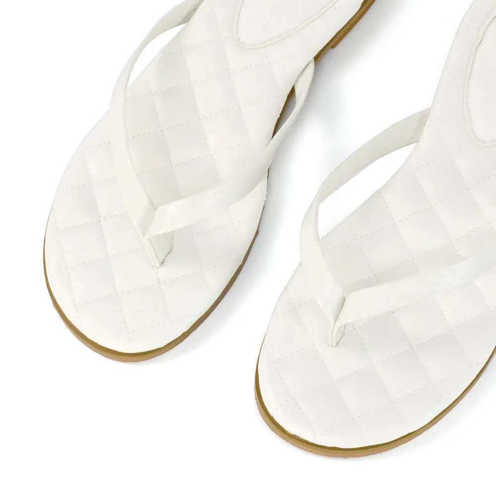 Emersyn Quilted Insole Design Flat Toe Post Flip Flops Summer Sandals in White