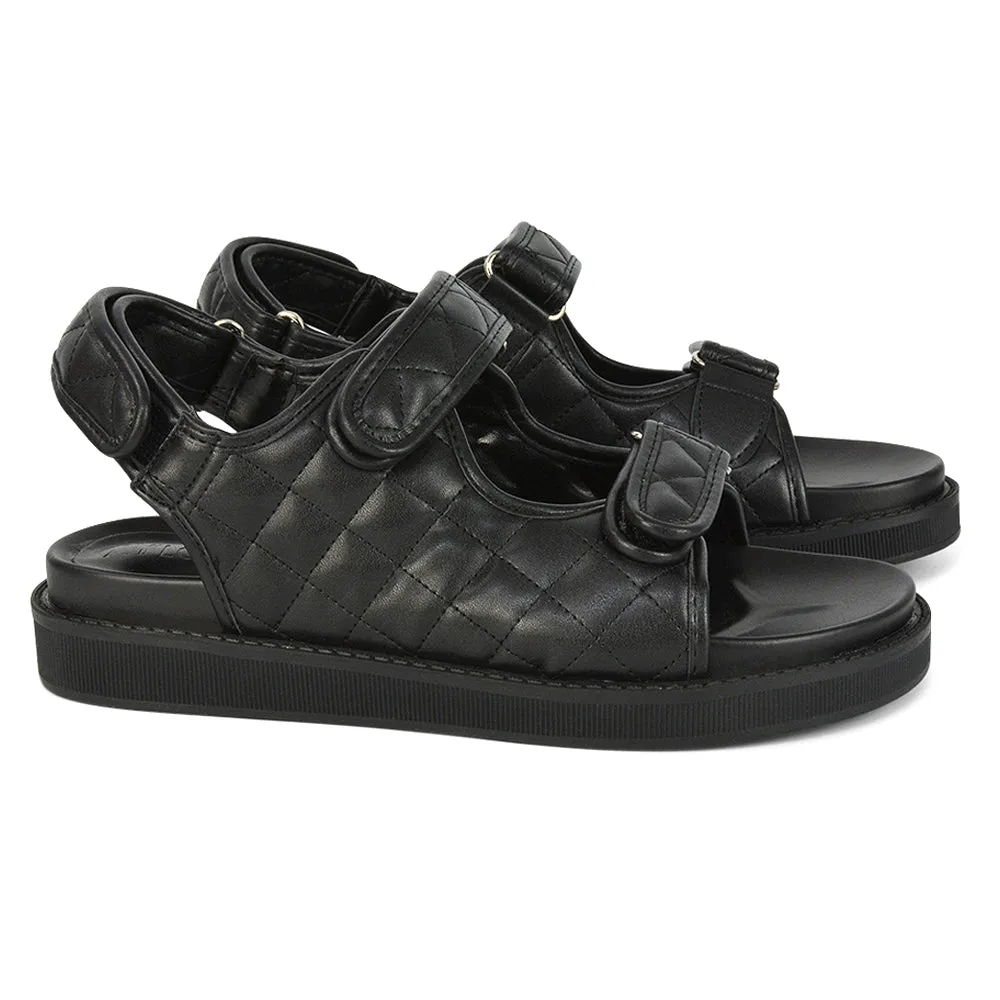 Erina Quilted Double Strap Flat Dad Sandals In Black Synthetic Leather